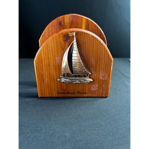 Vintage Wood Sailboat Napkin Holder Cocoa Beach Florida Nautical Decor Gift